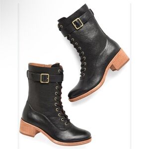Kork-Ease Black Leather Moto Boots with Tan Sole